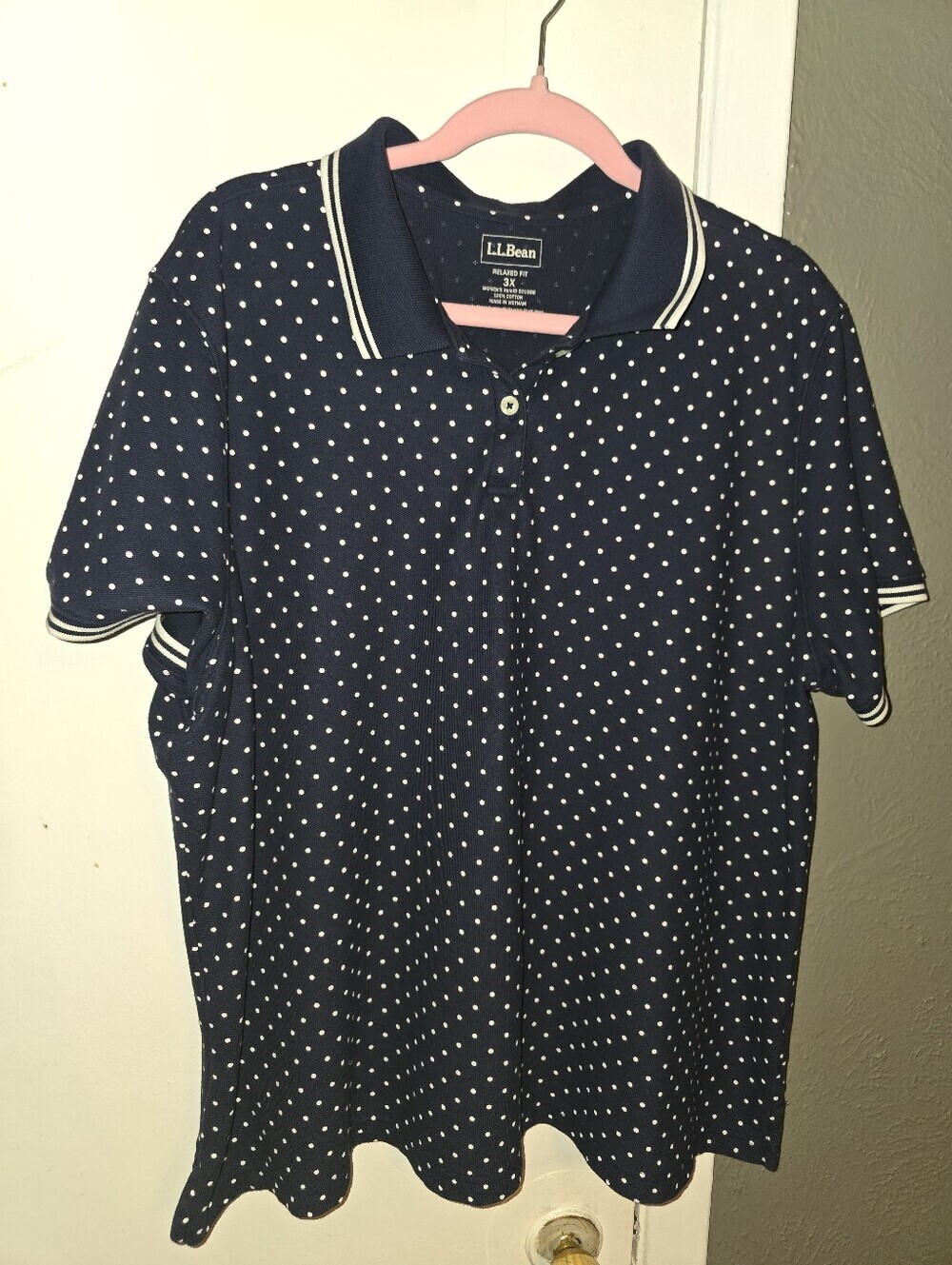 L.L. Bean Navy Polo with White Dot Print and Striped Collar Trim